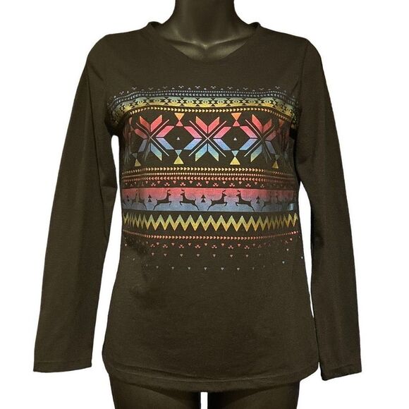 Iridescent Ugly Christmas Fair Isle V-Neck T-Shirt Girl’s 16 - Picture 1 of 3
